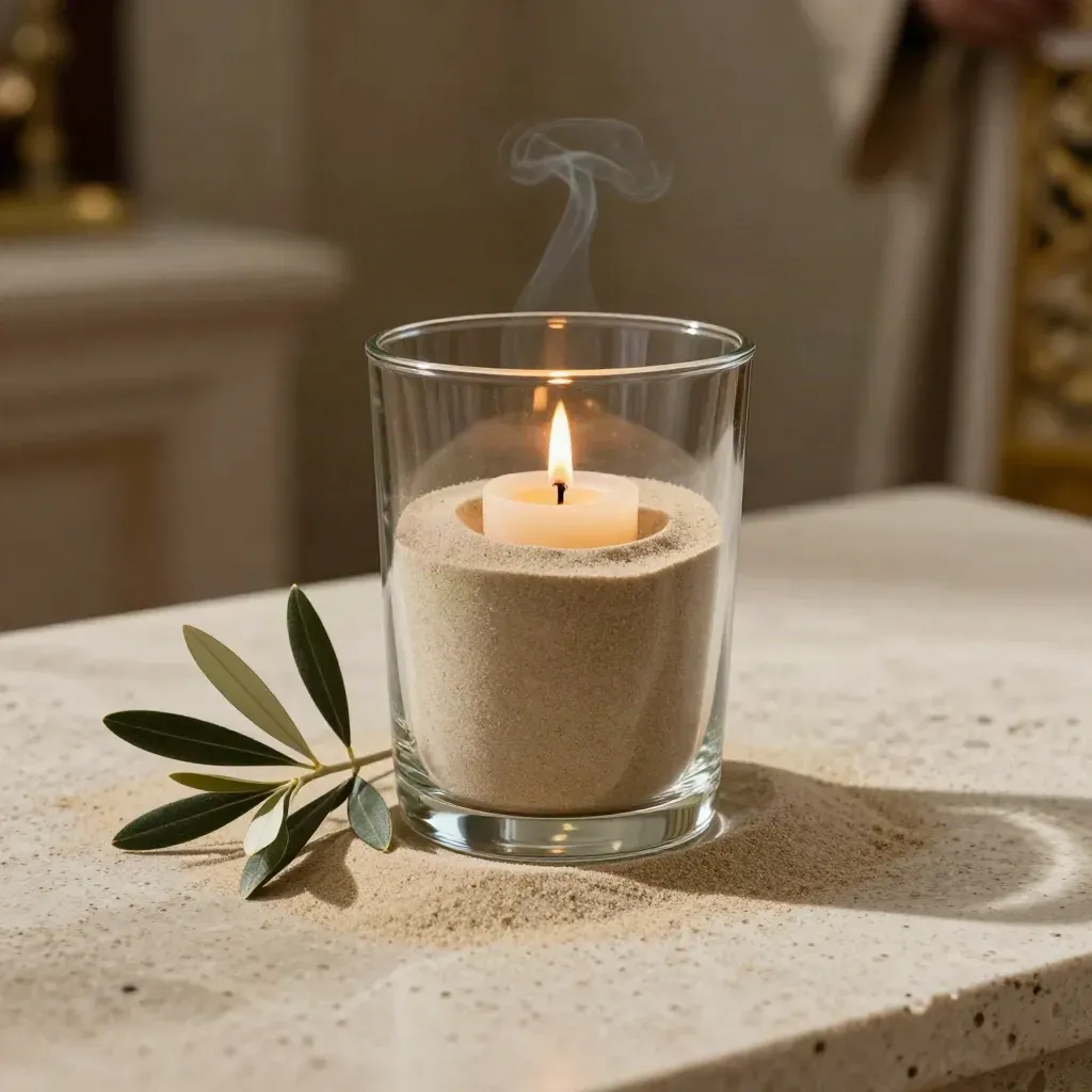 Rituel symbolique avec sable clair, vase en verre, bougie et branche d’olivier dans une lumière dorée.