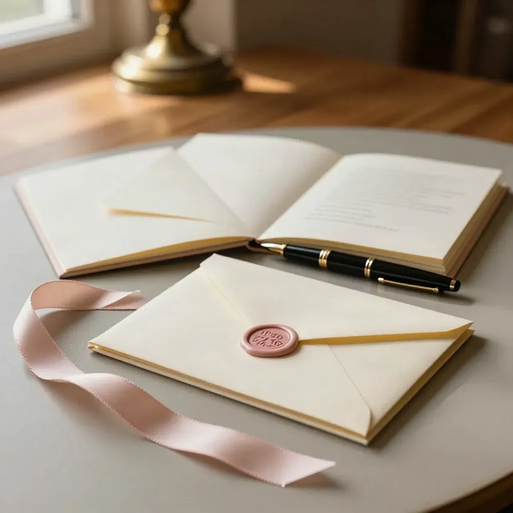 Deux livrets de vœux, plume fermée, enveloppe scellée et ruban sur une table de bois clair.