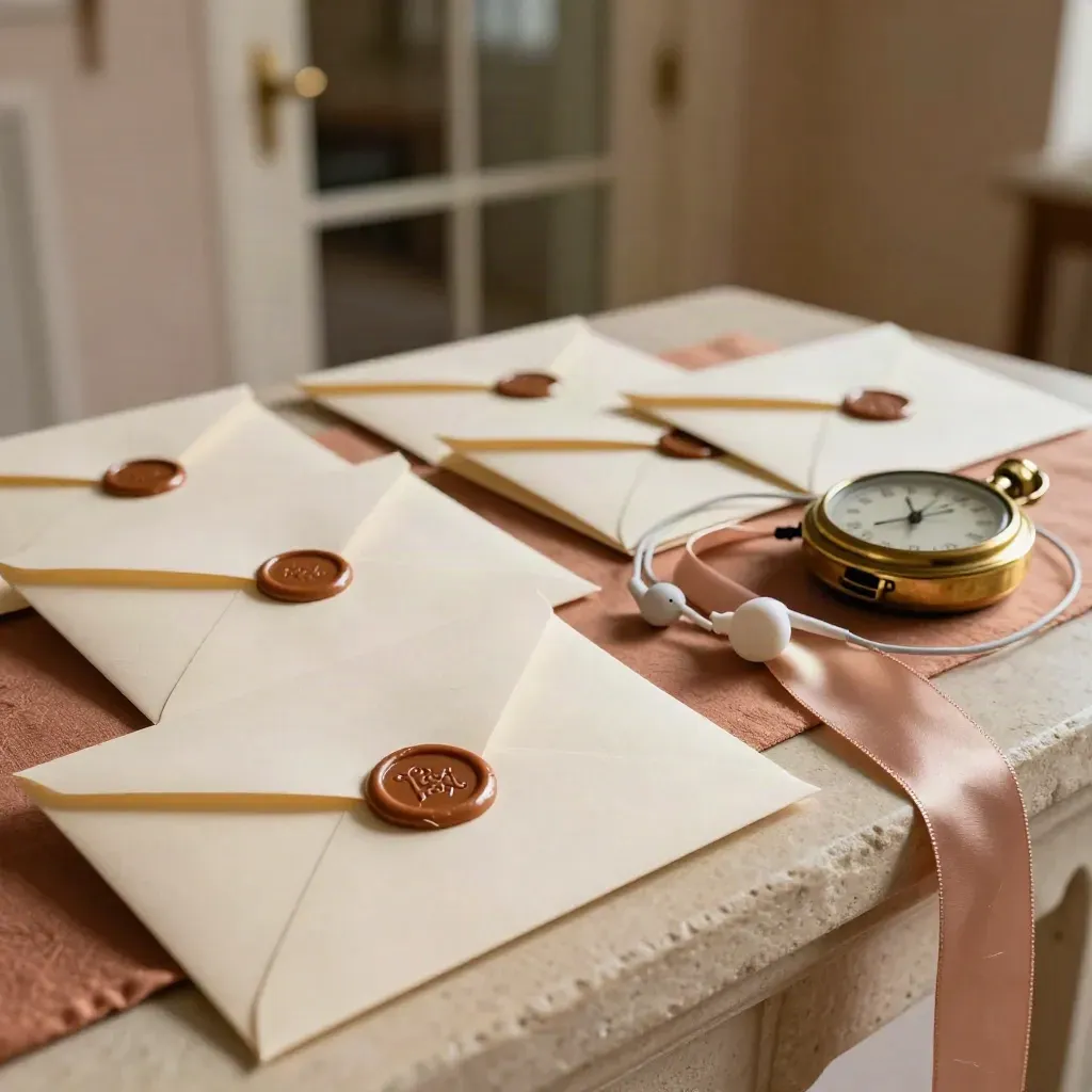 Enveloppes scellées, oreillette discrète, minuteur et rubans sur pierre chaude.