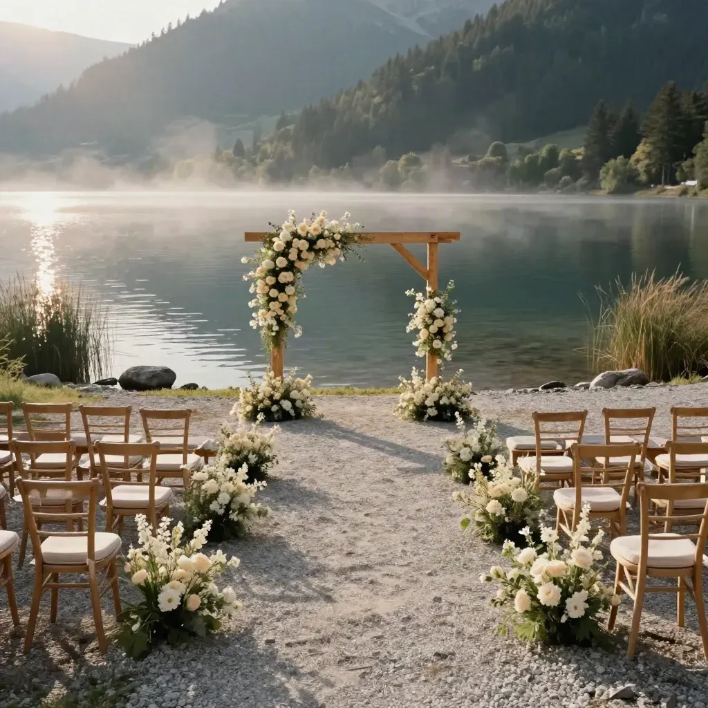 Allée de cérémonie vide au bord du lac, arches légères et brume dorée en Savoie.