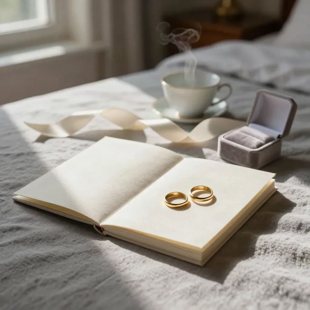 Deux livrets de vœux, alliances et ruban pâle sur velours, lumière douce de chambre