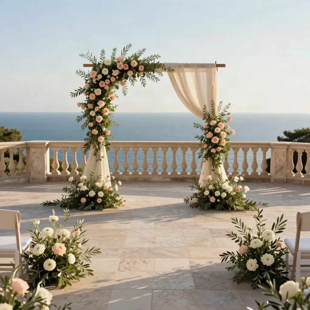 Terrasse de cérémonie à Nice, arche légère, roses poudrées et mer en fond de cadre.