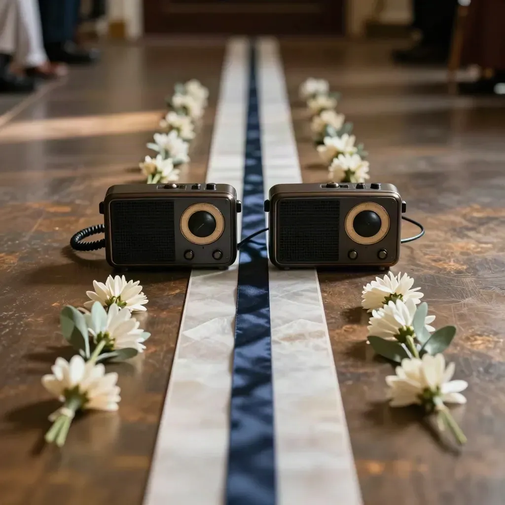 Radios, fleurs et allée vide d’une cérémonie, harmonie parfaite et ambiance élégante.