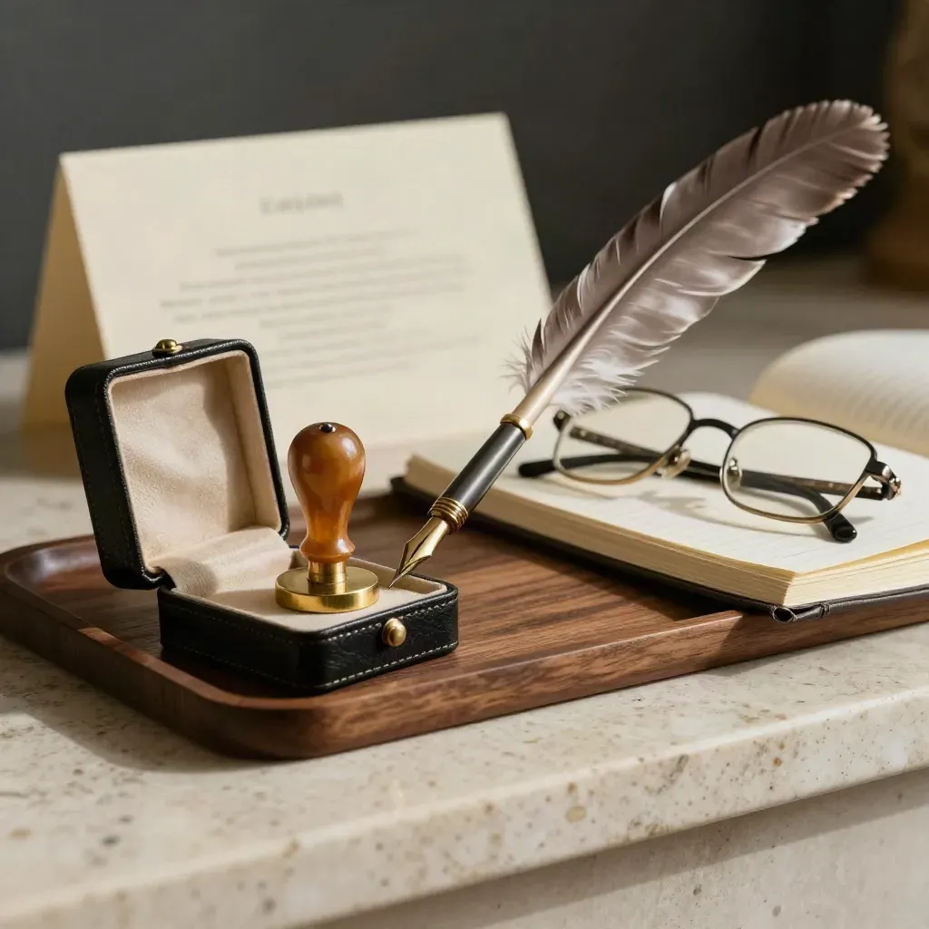 Boîte à sceau, plume métallique, cire et carnet fermé sur travertin, lumière dramatique.