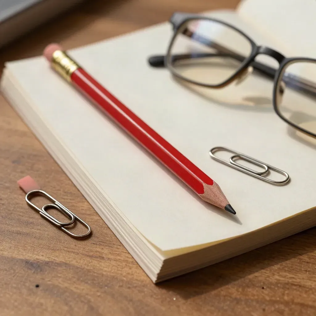 Crayon rouge, gomme usée, feuilles vierges, trombones et lunettes sur table de travail.