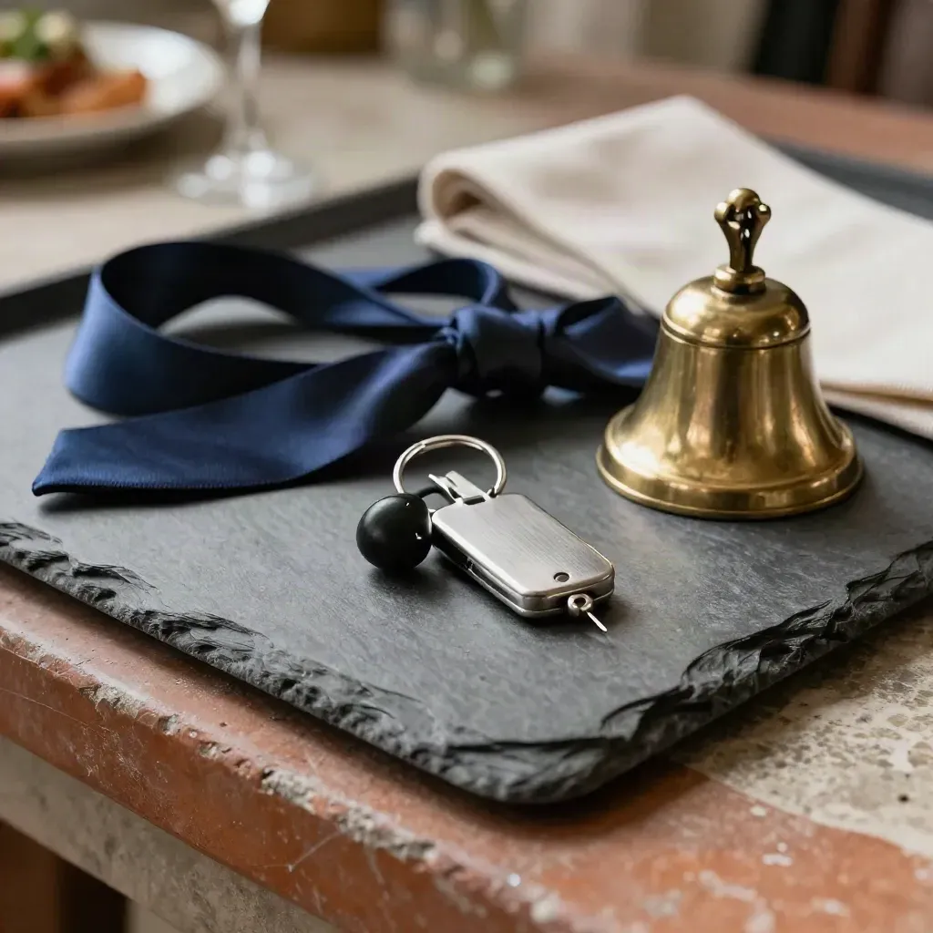 Plateau en ardoise avec earpiece, clé fob, rubans bleu nuit et petite cloche en laiton.