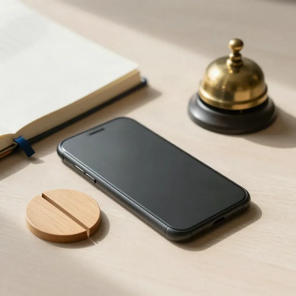 Smartphone, disque de date en bois, carnet fermé et cloche en laiton sur bois clair.