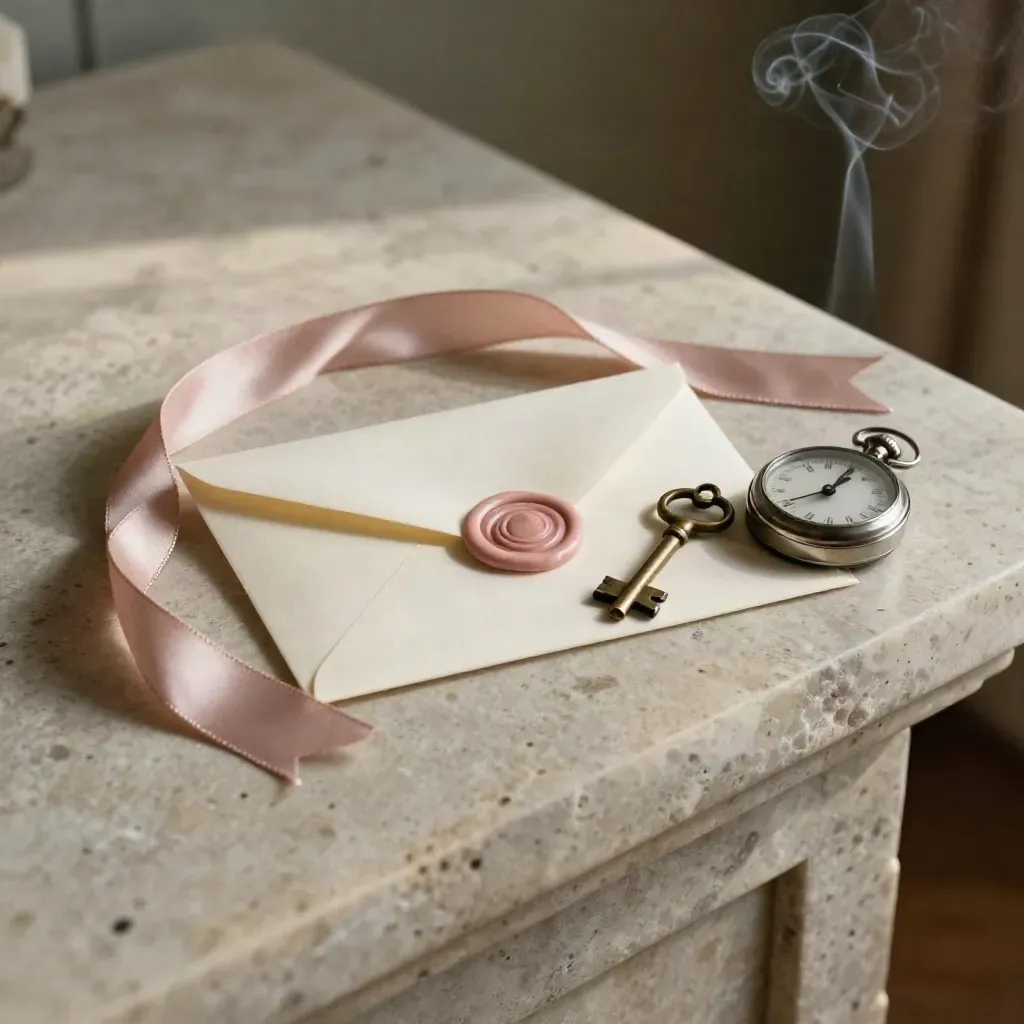 Enveloppe scellée, ruban rose, clé et chronomètre sur console en pierre.