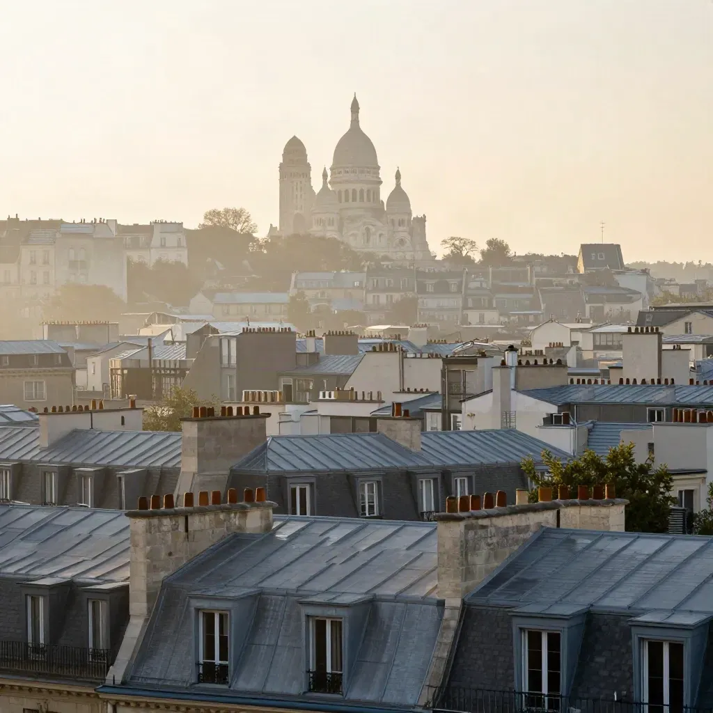 Paris au lever du jour, toits de zinc dans la brume et silhouette du Sacré-Cœur.