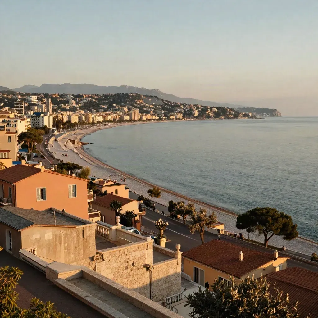 Vue dorée de Nice et de la baie, façades ocre, mer calme et lumière du soir.