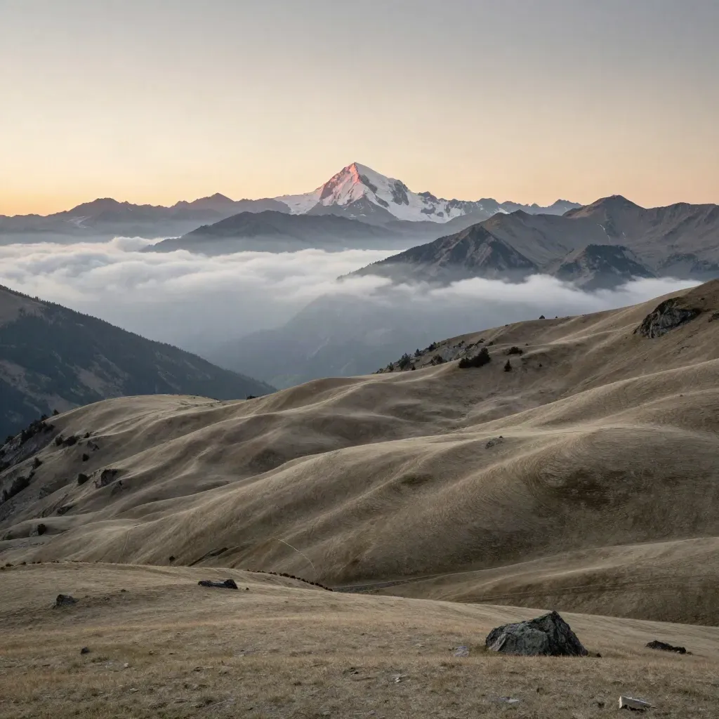 Panorama alpin d’alpages et de sommets, nuages bas et brume douce au-dessus de la vallée.