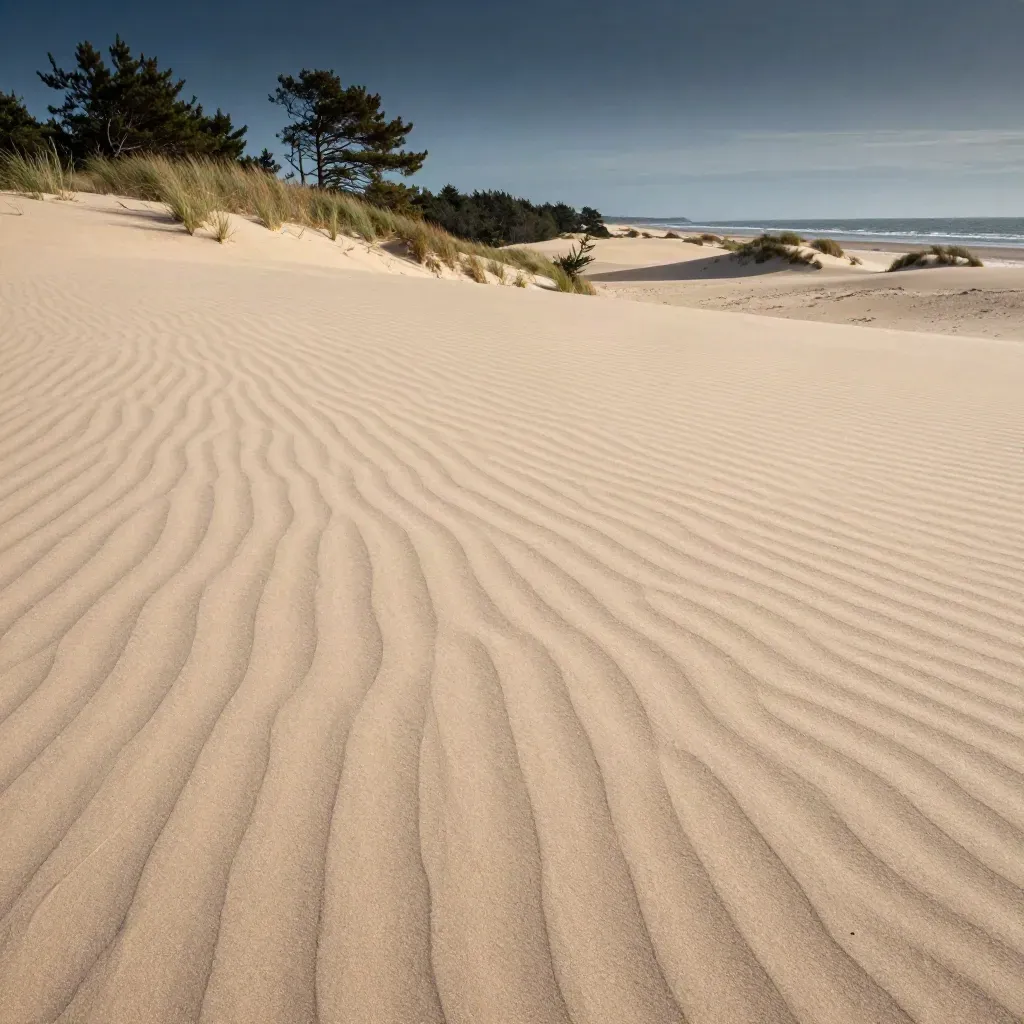 Dune balayée par le vent, pins et littoral de la Nouvelle-Aquitaine sous lumière douce.