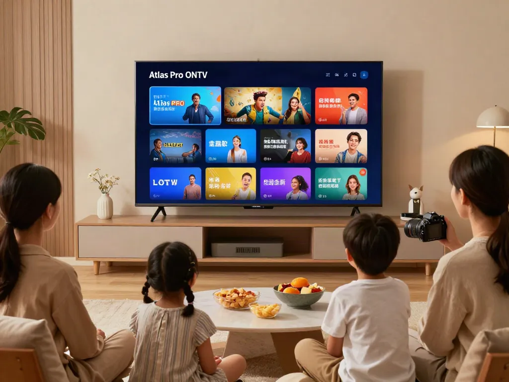 Famille profitant de l'application Atlas Pro sur un téléviseur intelligent dans un salon moderne.